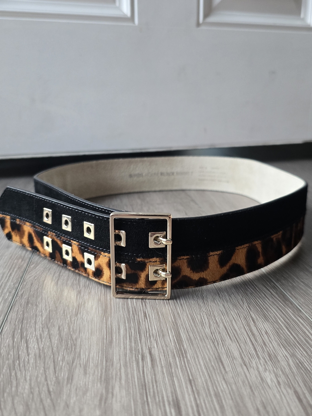 White House Black Market Leopard Calf Hair Suede Wide Belt Double Prong Gold M